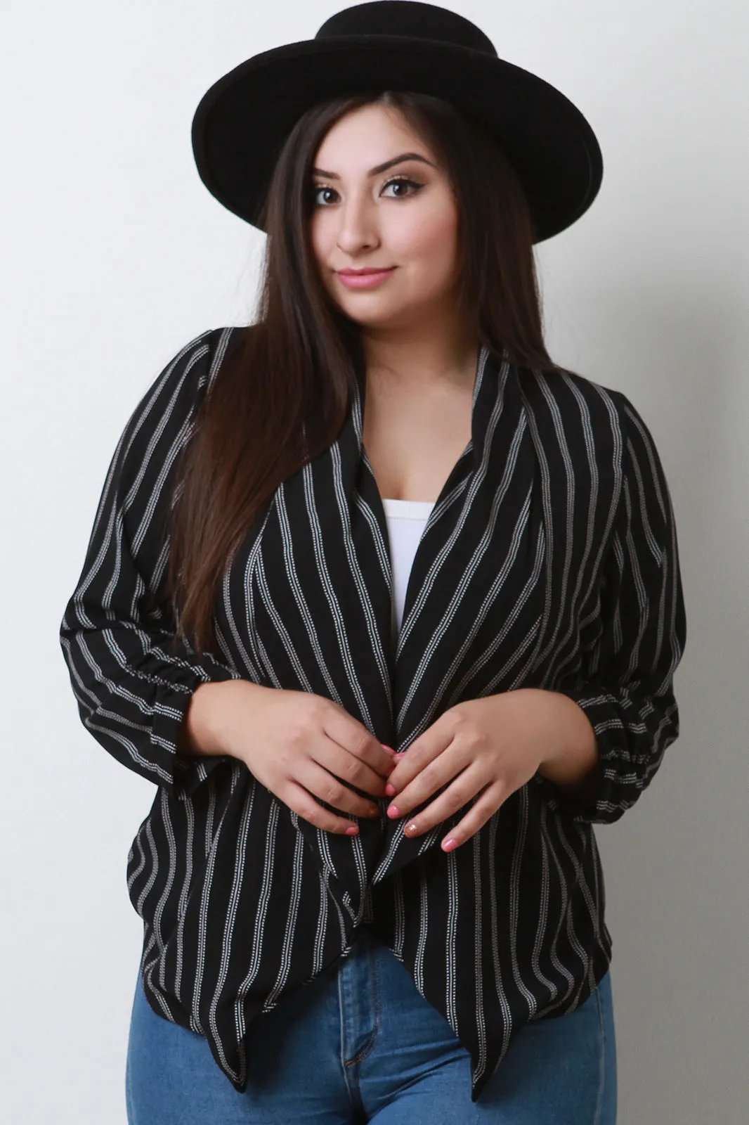 Striped Crepe Collar Ruched Blazer