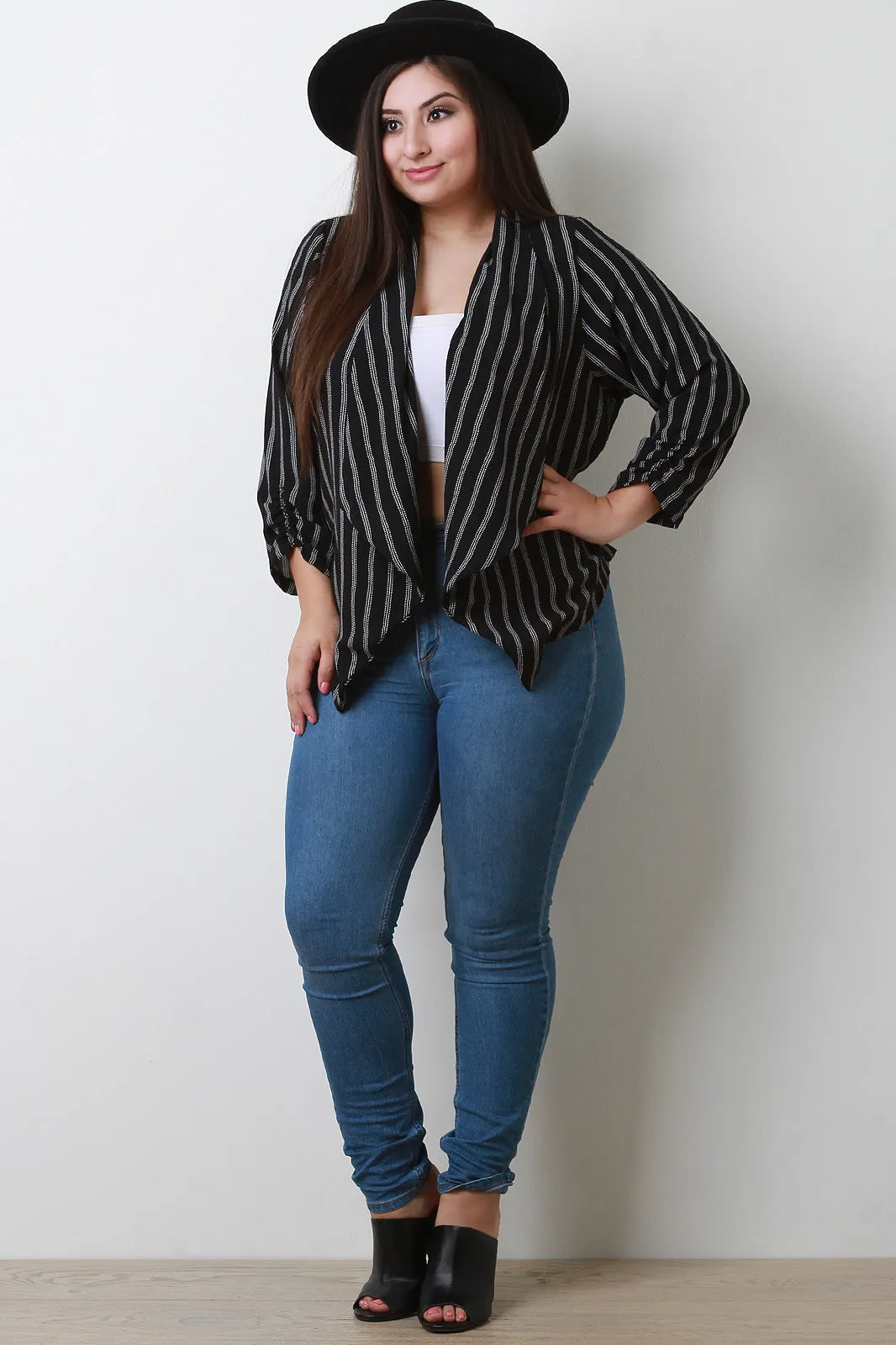 Striped Crepe Collar Ruched Blazer