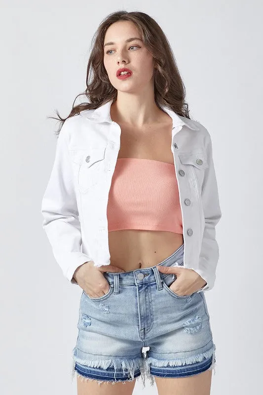 Take Me Back Frayed Hem Jean Jacket - White