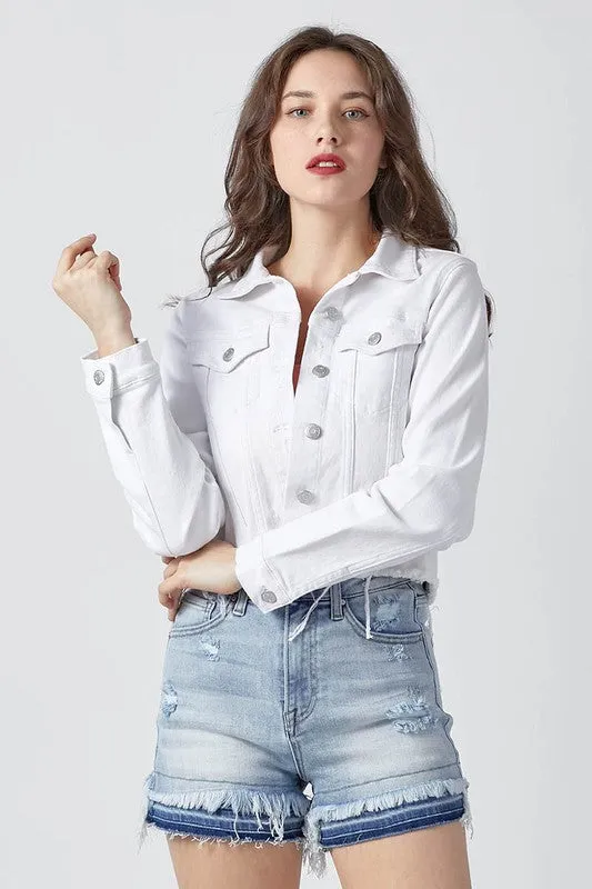 Take Me Back Frayed Hem Jean Jacket - White