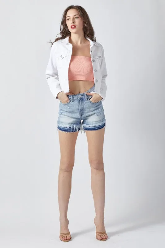 Take Me Back Frayed Hem Jean Jacket - White