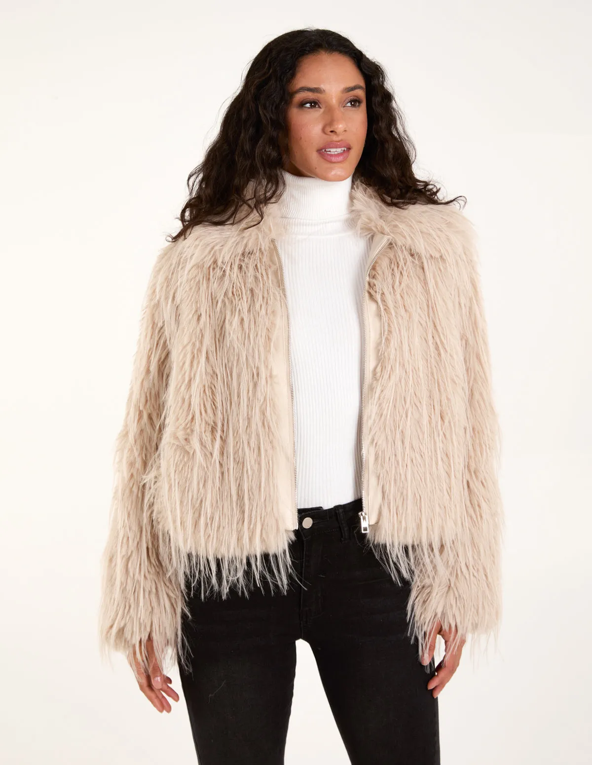 Textured Faux Fur Collar Coat