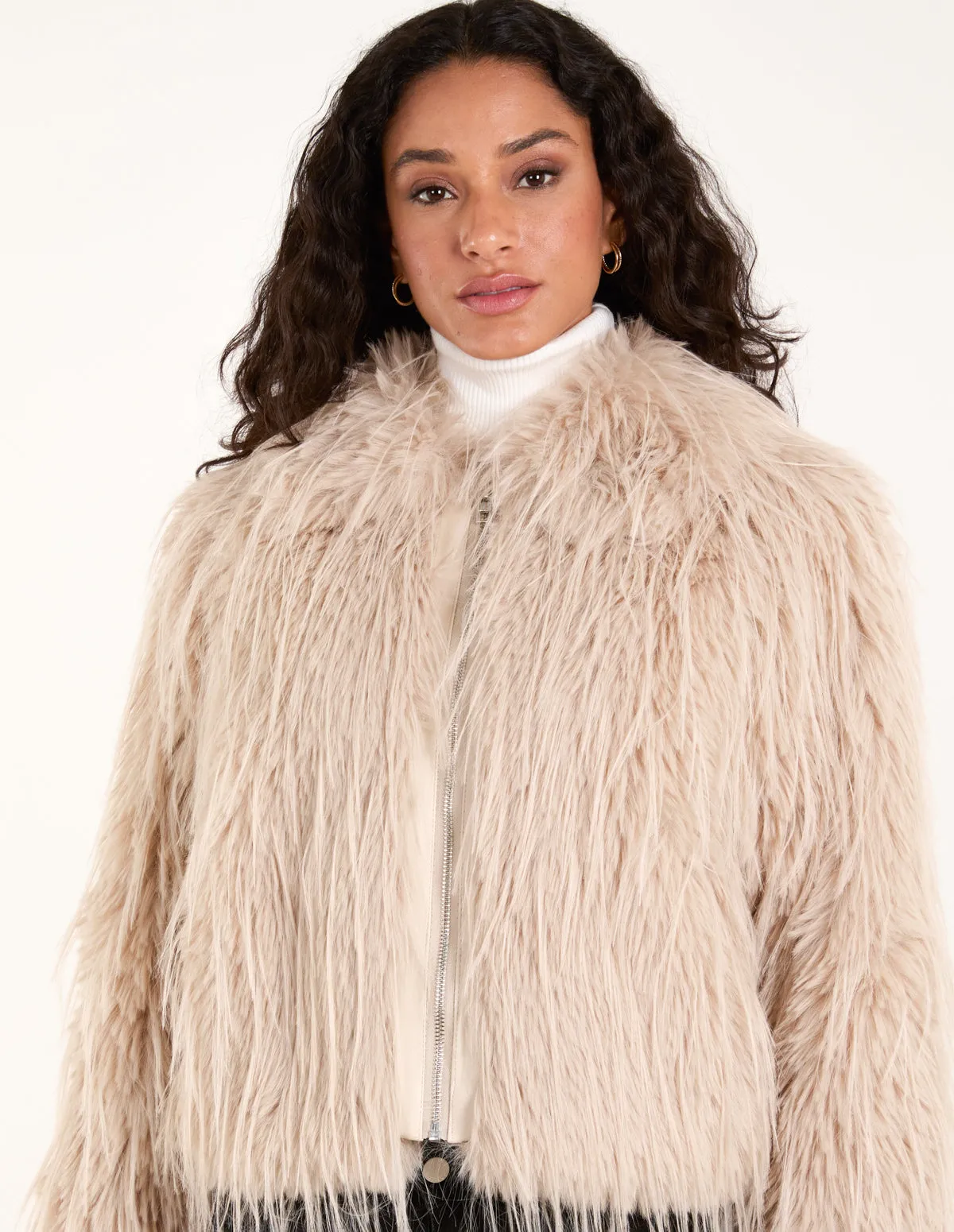 Textured Faux Fur Collar Coat