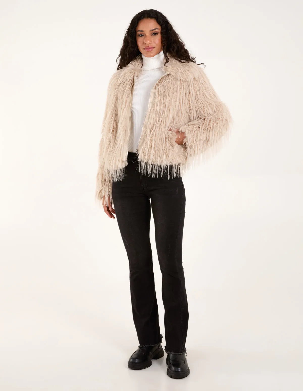 Textured Faux Fur Collar Coat