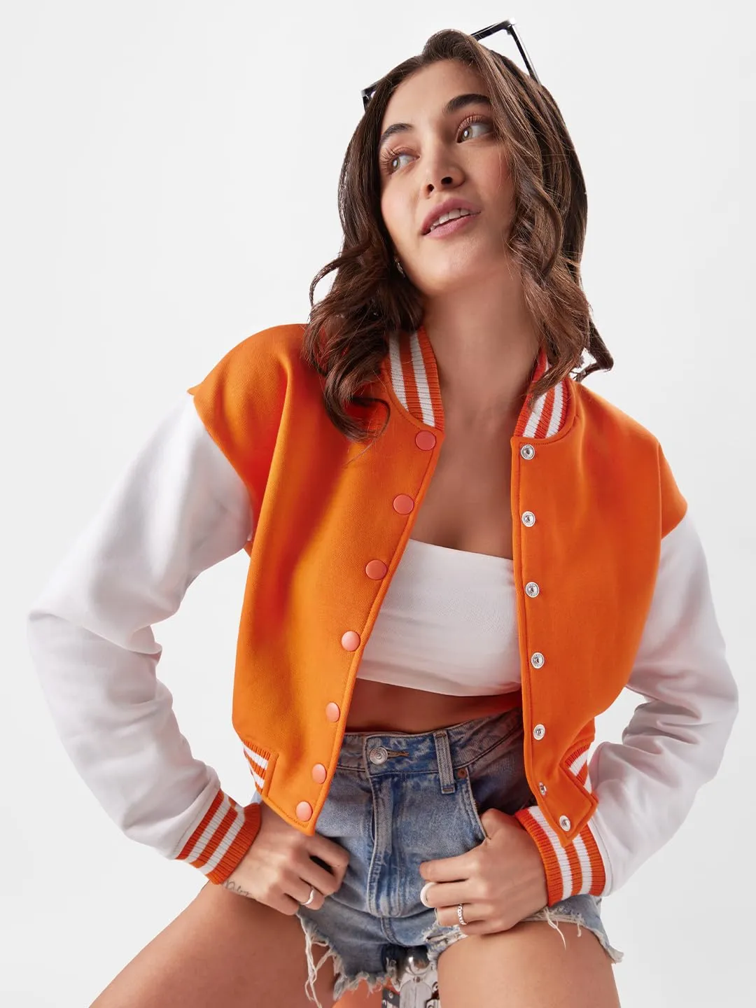 The Souled Store Solids: Blazin Orange, White (Colourblock) Women Varsity Jackets Jackets Winter Coats Outerwear Bomber Puffer Windbreaker Hooded Quilted Lightweight Warm Stylish Fashionable Casual