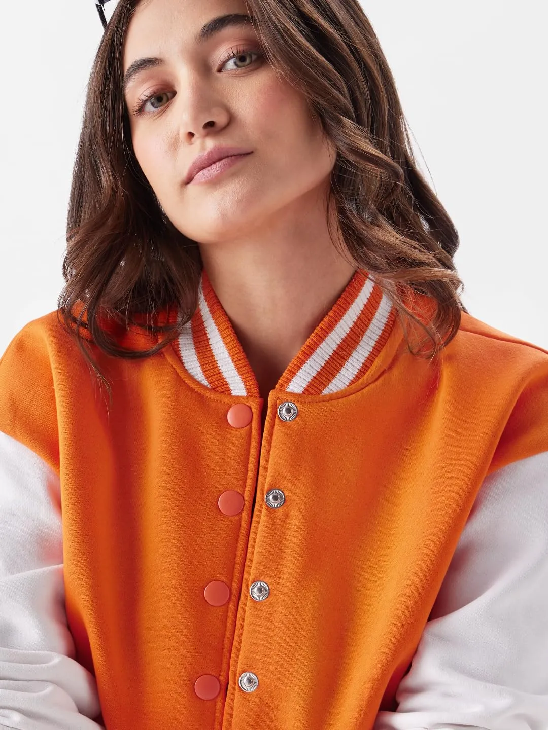 The Souled Store Solids: Blazin Orange, White (Colourblock) Women Varsity Jackets Jackets Winter Coats Outerwear Bomber Puffer Windbreaker Hooded Quilted Lightweight Warm Stylish Fashionable Casual