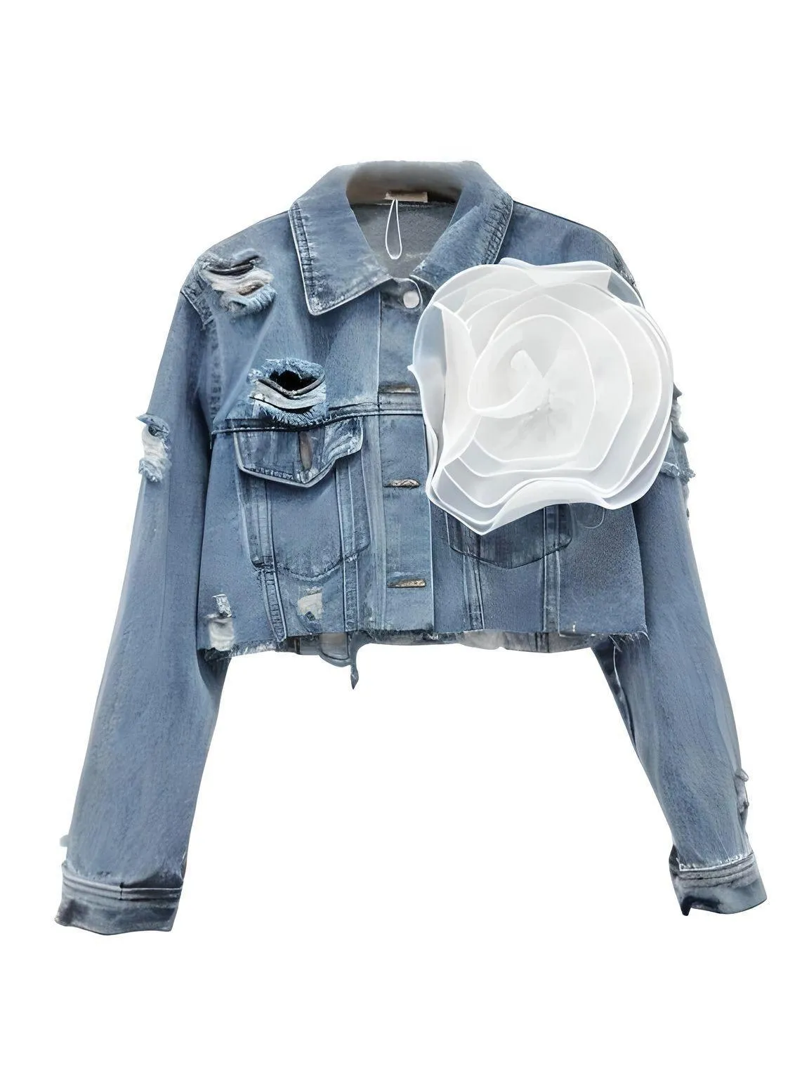 Trendy Fashion Women's Spliced 3D Flower Denim Coat Lapel Long Sleeve Button Jacket Female