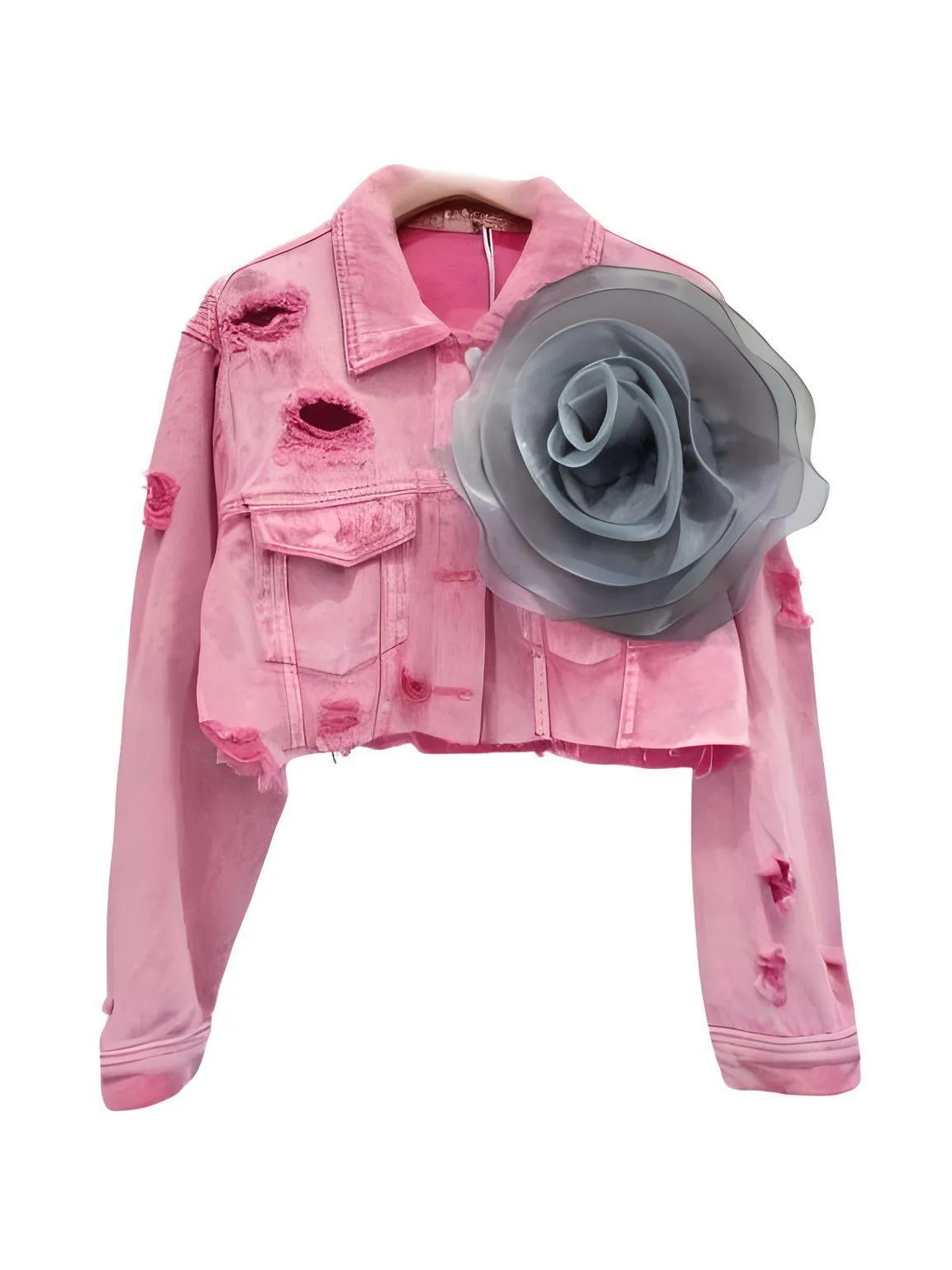 Trendy Fashion Women's Spliced 3D Flower Denim Coat Lapel Long Sleeve Button Jacket Female