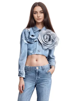 Trendy Fashion Women's Spliced 3D Flower Denim Coat Lapel Long Sleeve Button Jacket Female