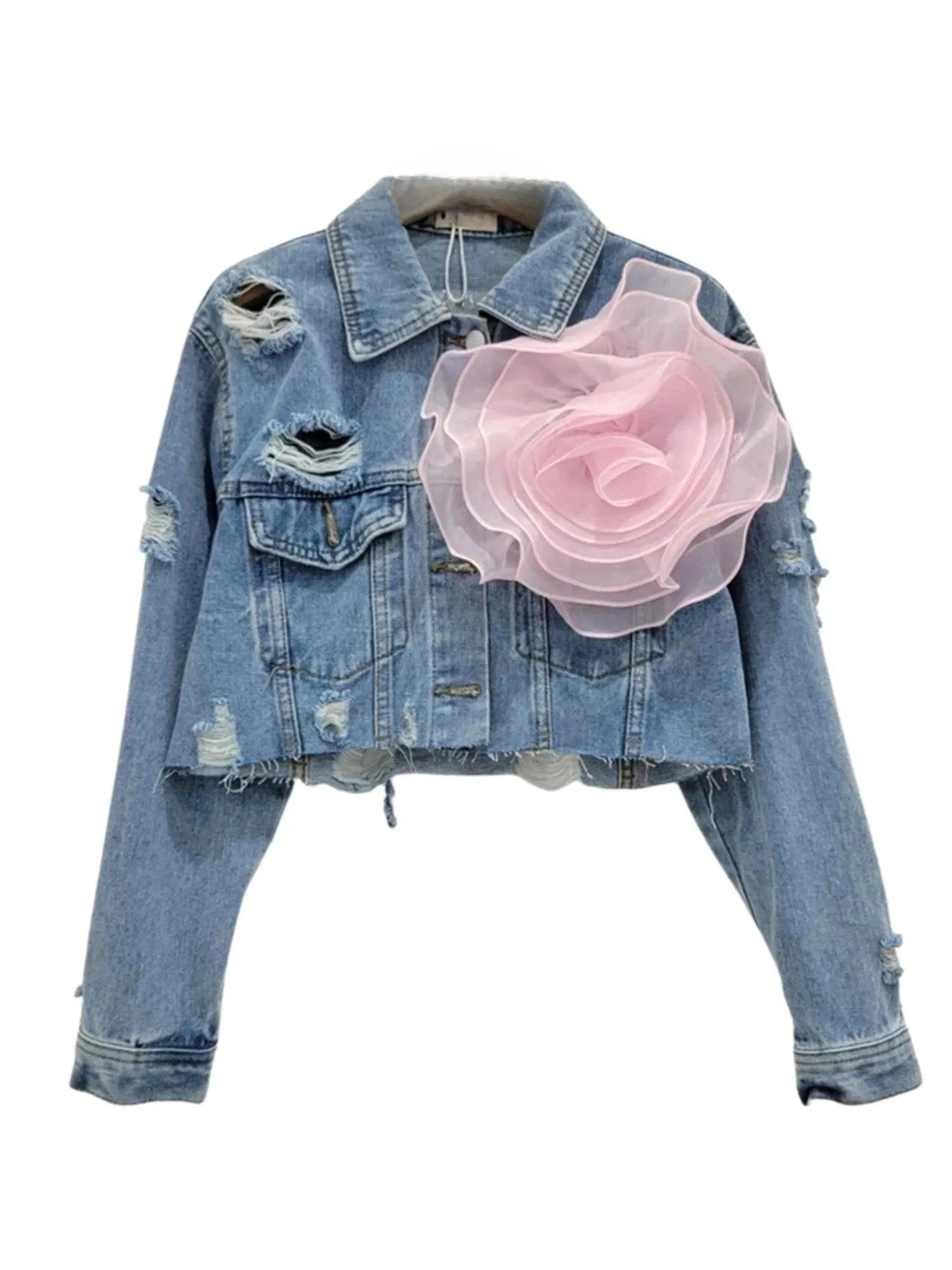 Trendy Fashion Women's Spliced 3D Flower Denim Coat Lapel Long Sleeve Button Jacket Female