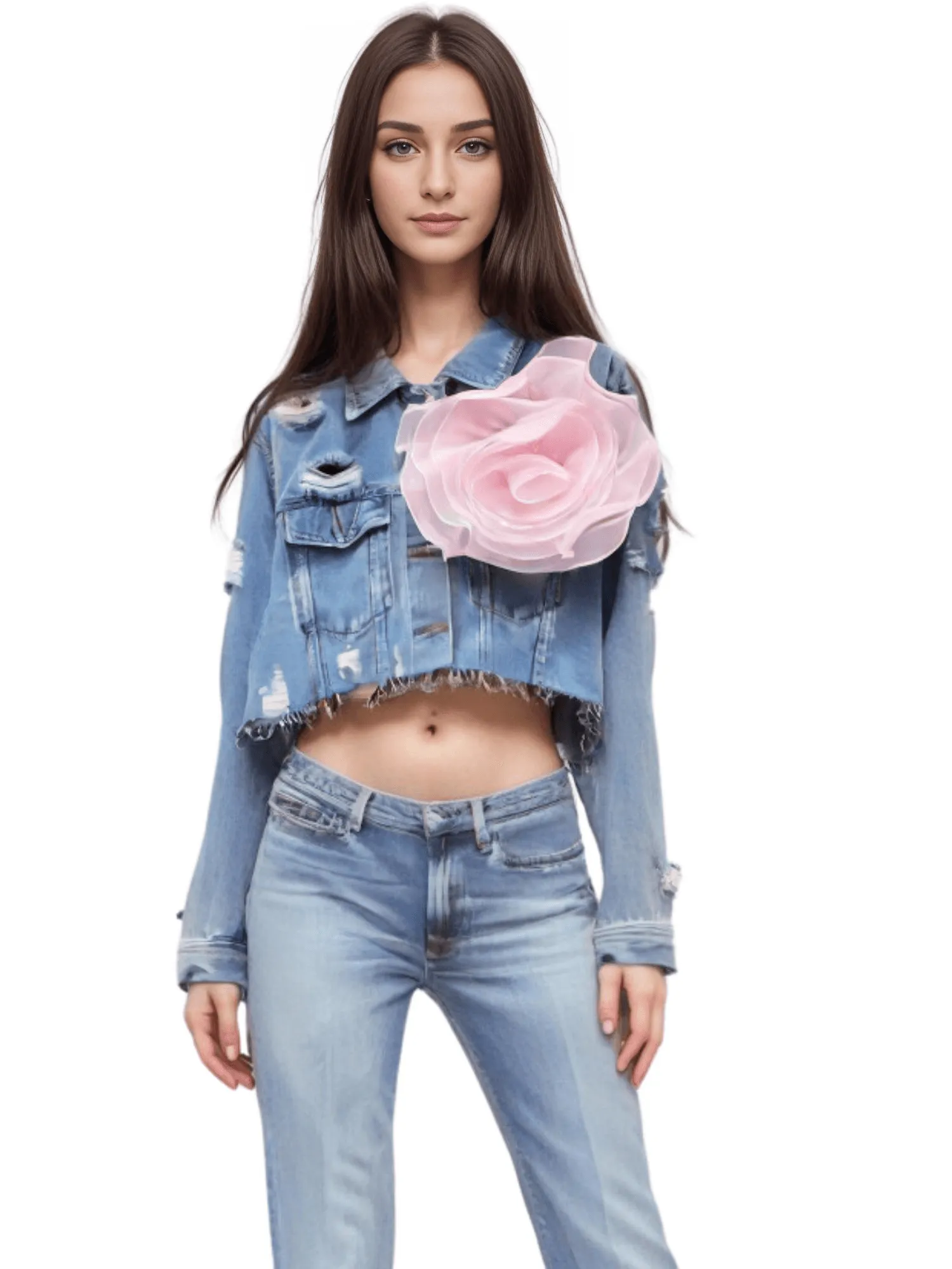 Trendy Fashion Women's Spliced 3D Flower Denim Coat Lapel Long Sleeve Button Jacket Female