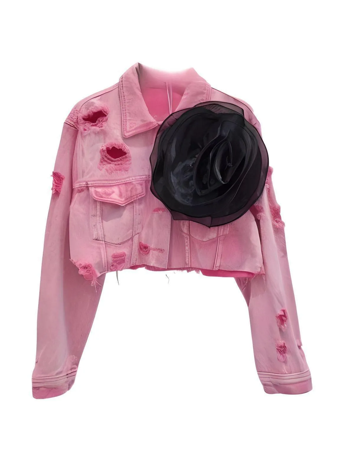 Trendy Fashion Women's Spliced 3D Flower Denim Coat Lapel Long Sleeve Button Jacket Female