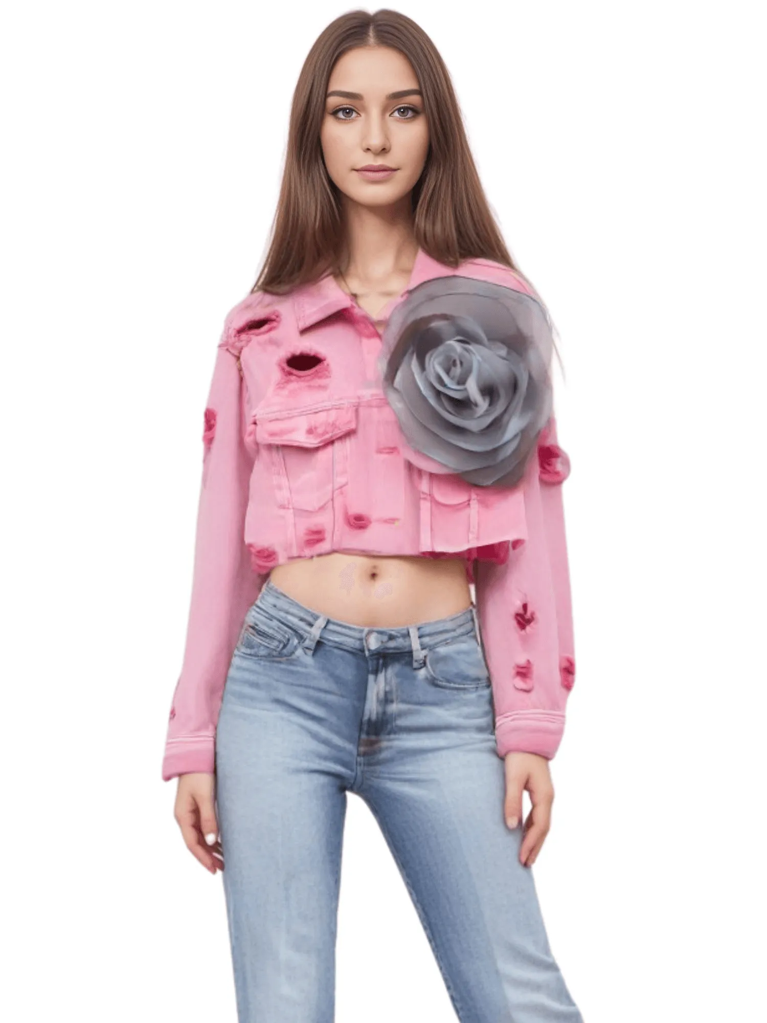 Trendy Fashion Women's Spliced 3D Flower Denim Coat Lapel Long Sleeve Button Jacket Female