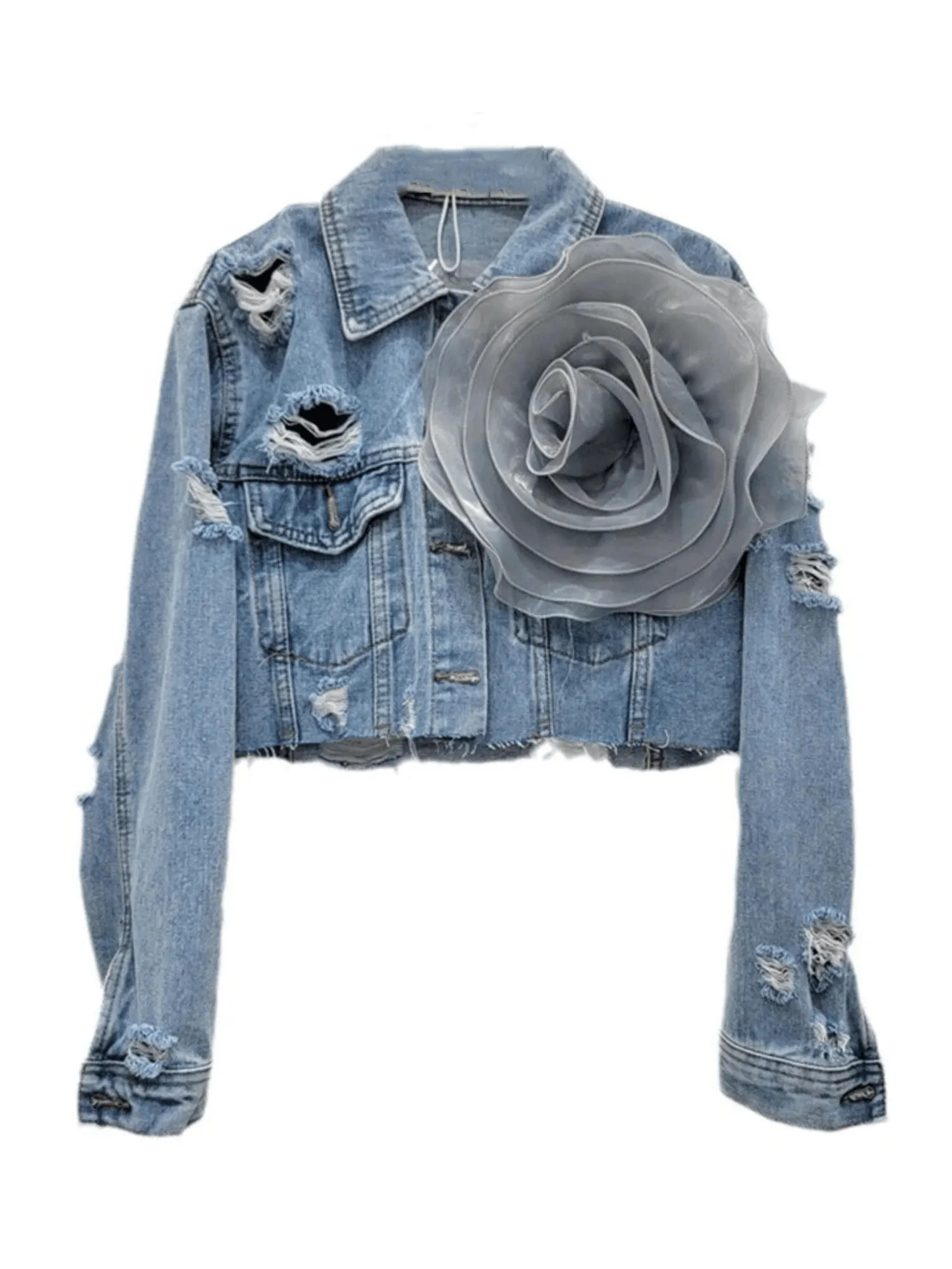 Trendy Fashion Women's Spliced 3D Flower Denim Coat Lapel Long Sleeve Button Jacket Female