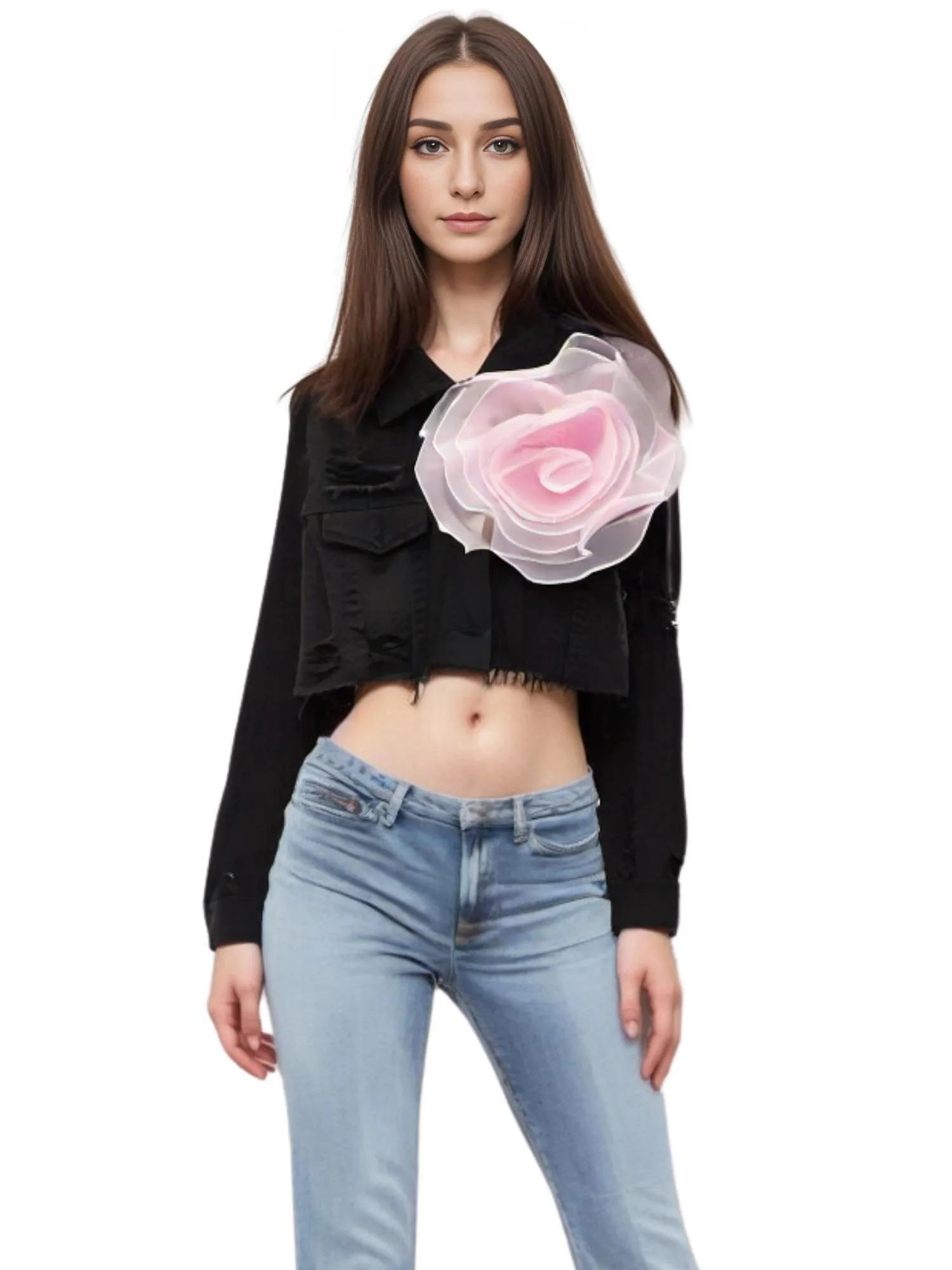 Trendy Fashion Women's Spliced 3D Flower Denim Coat Lapel Long Sleeve Button Jacket Female