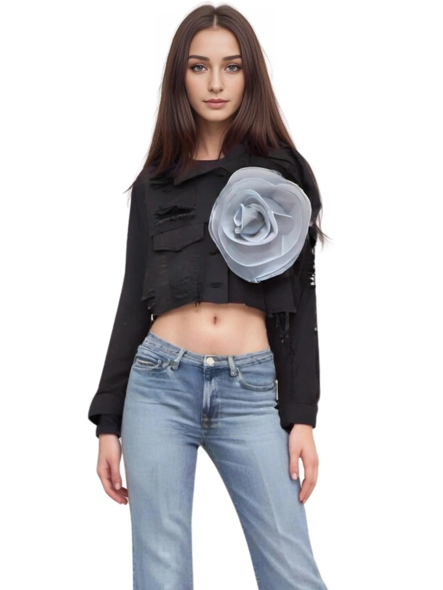 Trendy Fashion Women's Spliced 3D Flower Denim Coat Lapel Long Sleeve Button Jacket Female