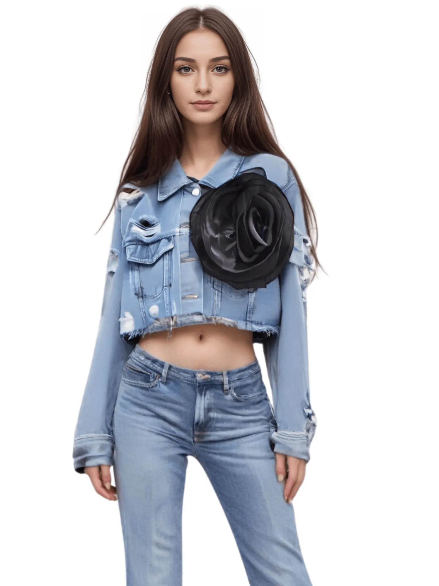 Trendy Fashion Women's Spliced 3D Flower Denim Coat Lapel Long Sleeve Button Jacket Female