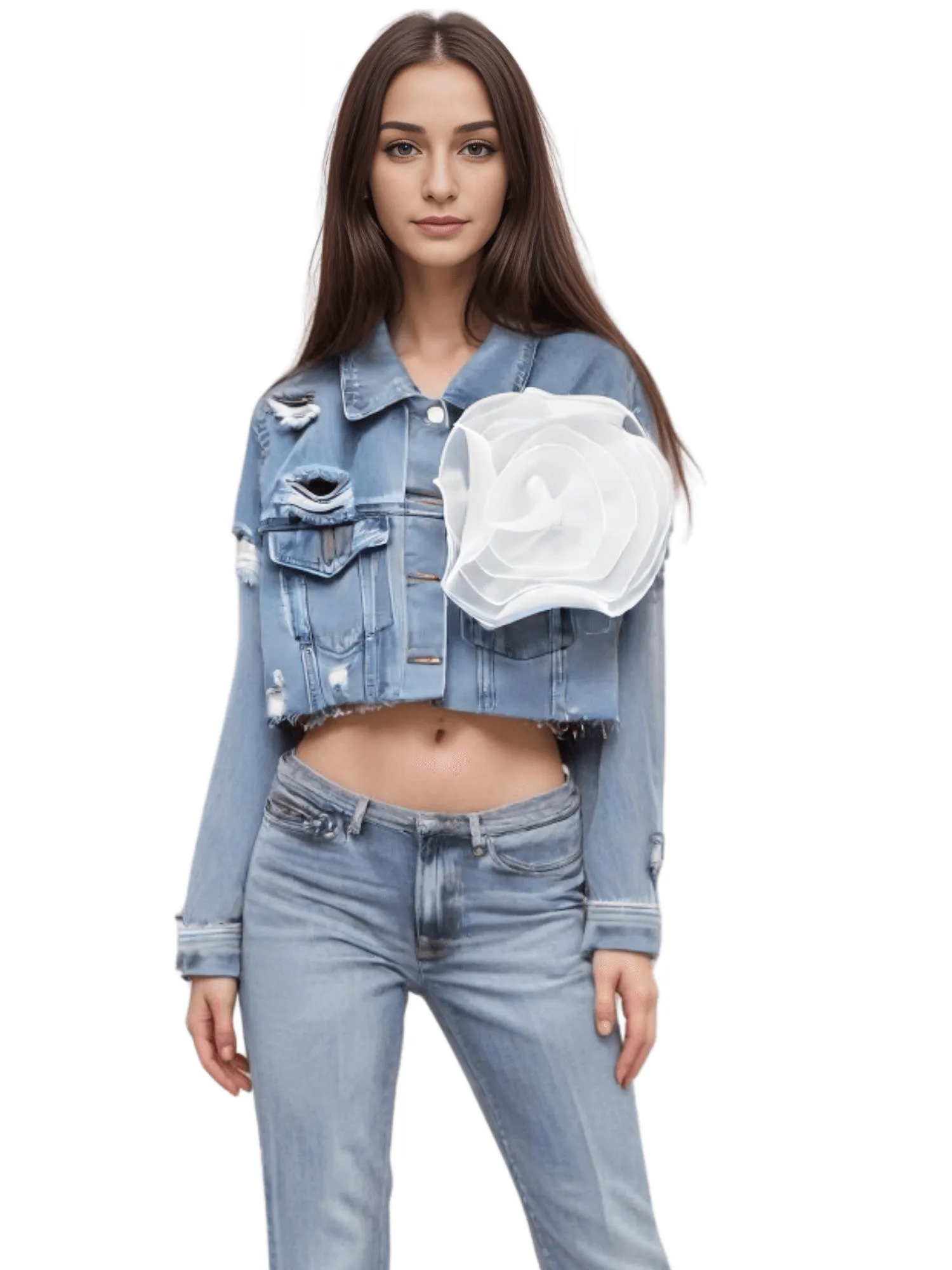 Trendy Fashion Women's Spliced 3D Flower Denim Coat Lapel Long Sleeve Button Jacket Female