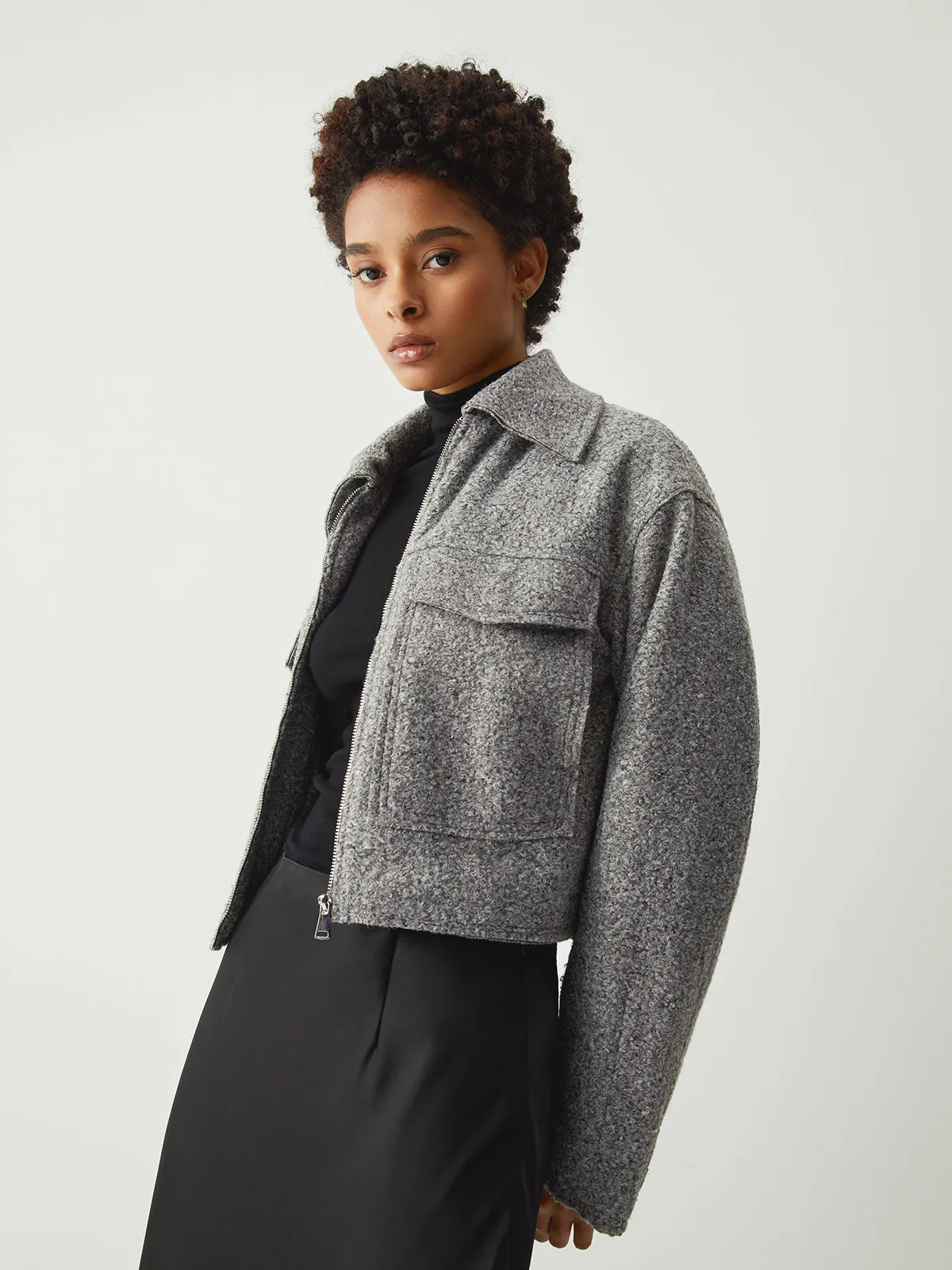 Tweed Open Collar Trendy Zip Up Crop Jacket