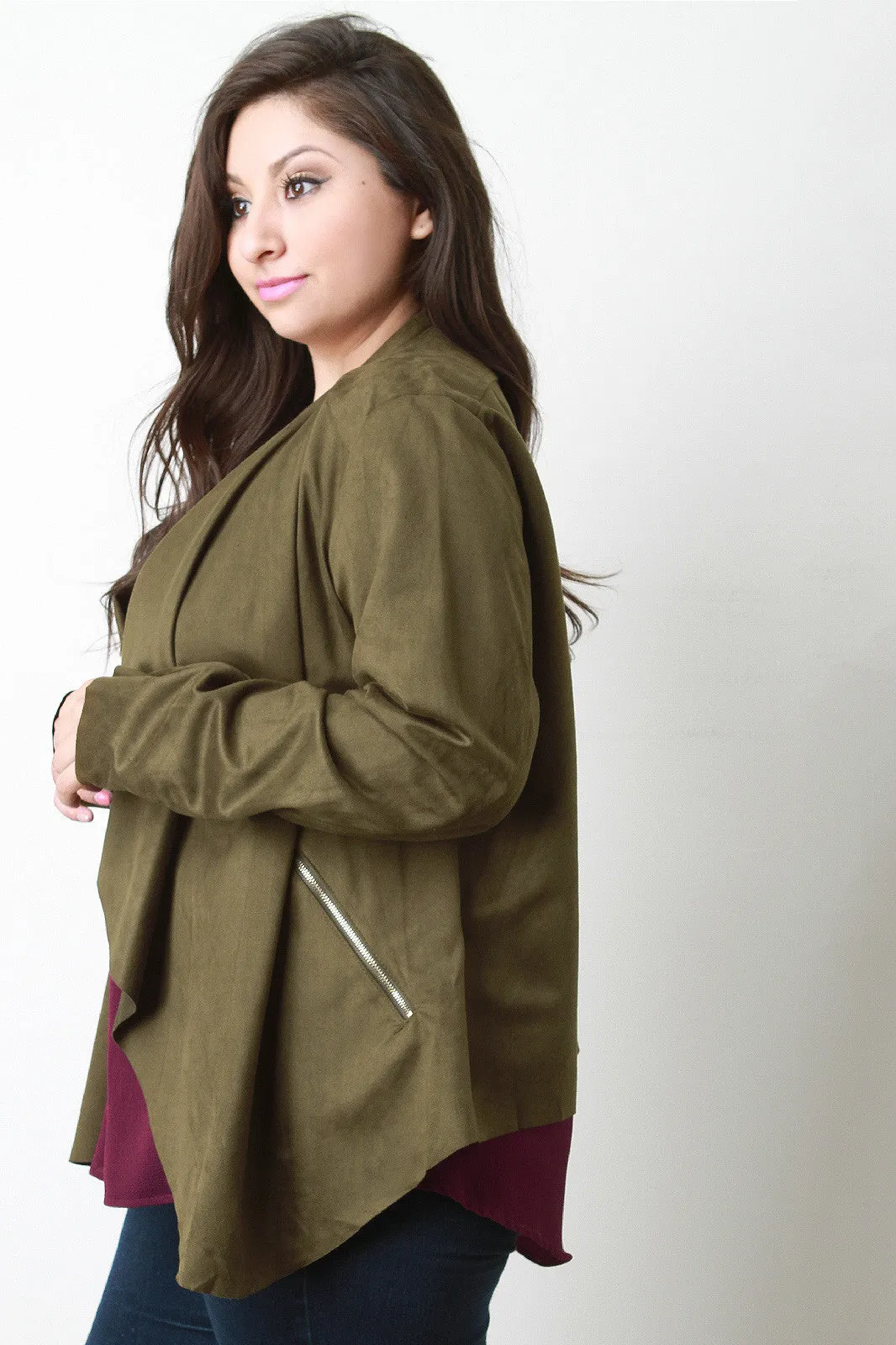 Vegan Suede Draped Front Jacket