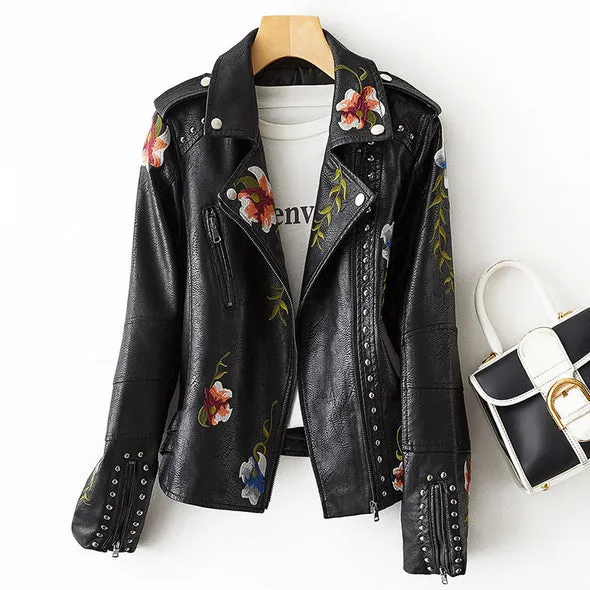 Willow - Retro Floral Print Leather Jacket