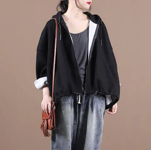 Women hooded drawstring Fine fall coats black loose jackets