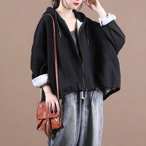 Women hooded drawstring Fine fall coats black loose jackets