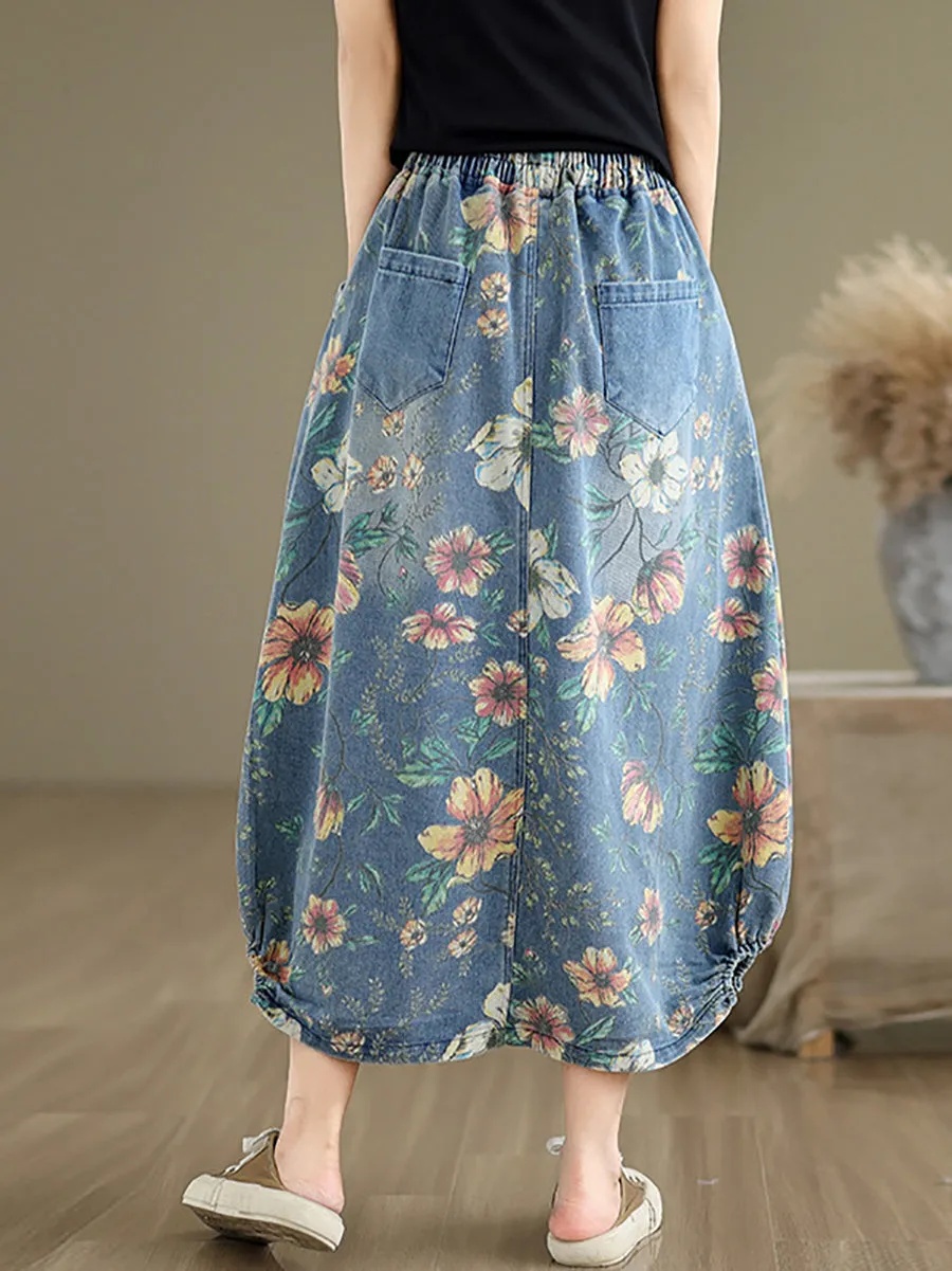 Women Summer Casual Flower Spliced Denim Skirt XX1027