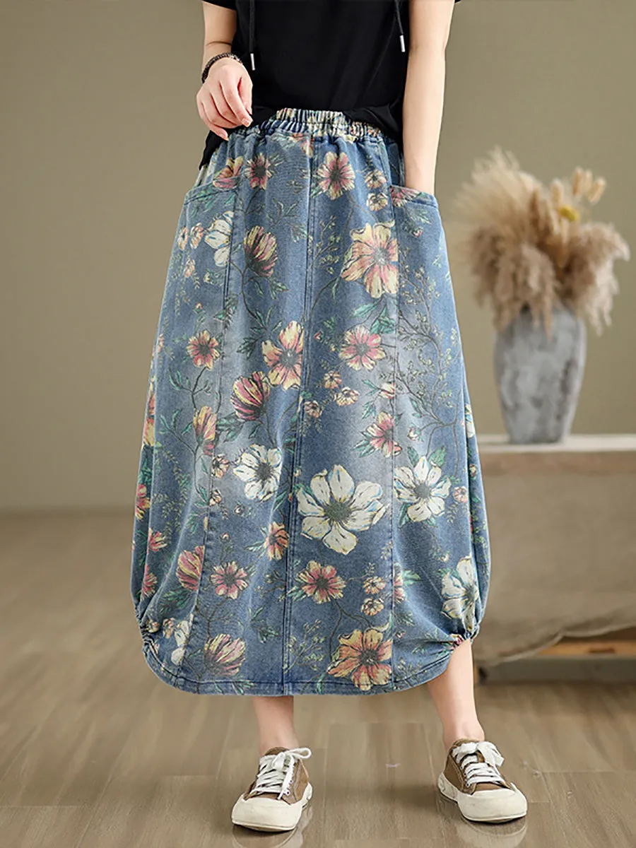 Women Summer Casual Flower Spliced Denim Skirt XX1027