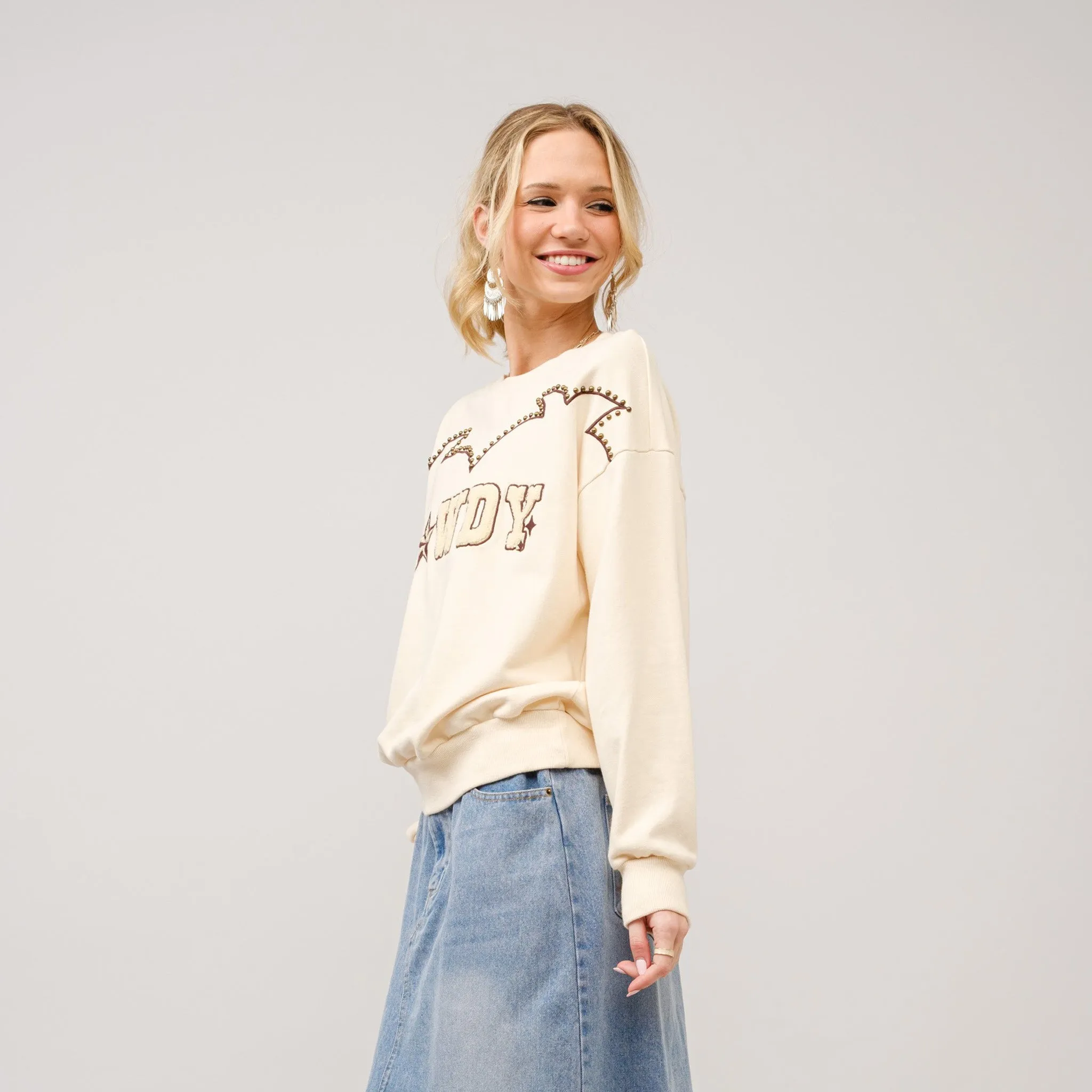 Women's Cream Boot Stitch Howdy Sweatshirt