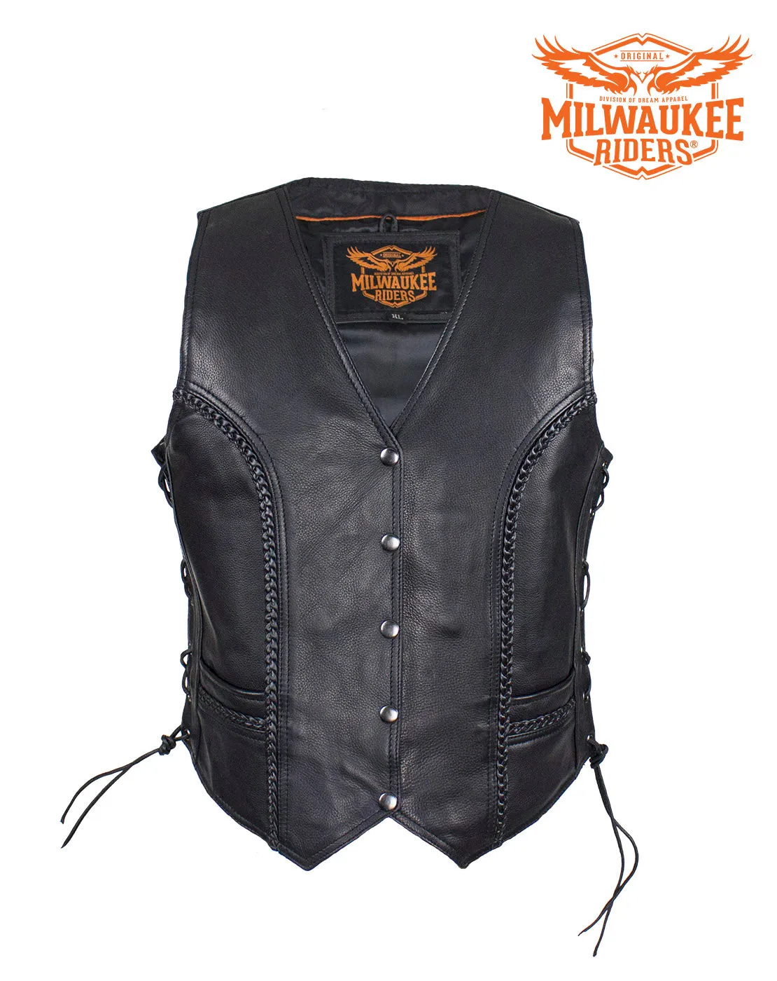 Womens Motorcycle Vest With Braid and Side Laces Conceal Gun Pockets