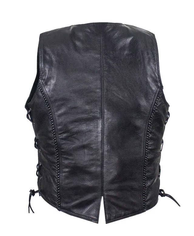 Womens Motorcycle Vest With Braid and Side Laces Conceal Gun Pockets