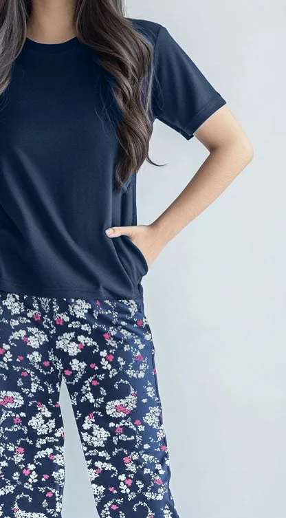 Women's printed suit short sleeve (Flowers) Navy