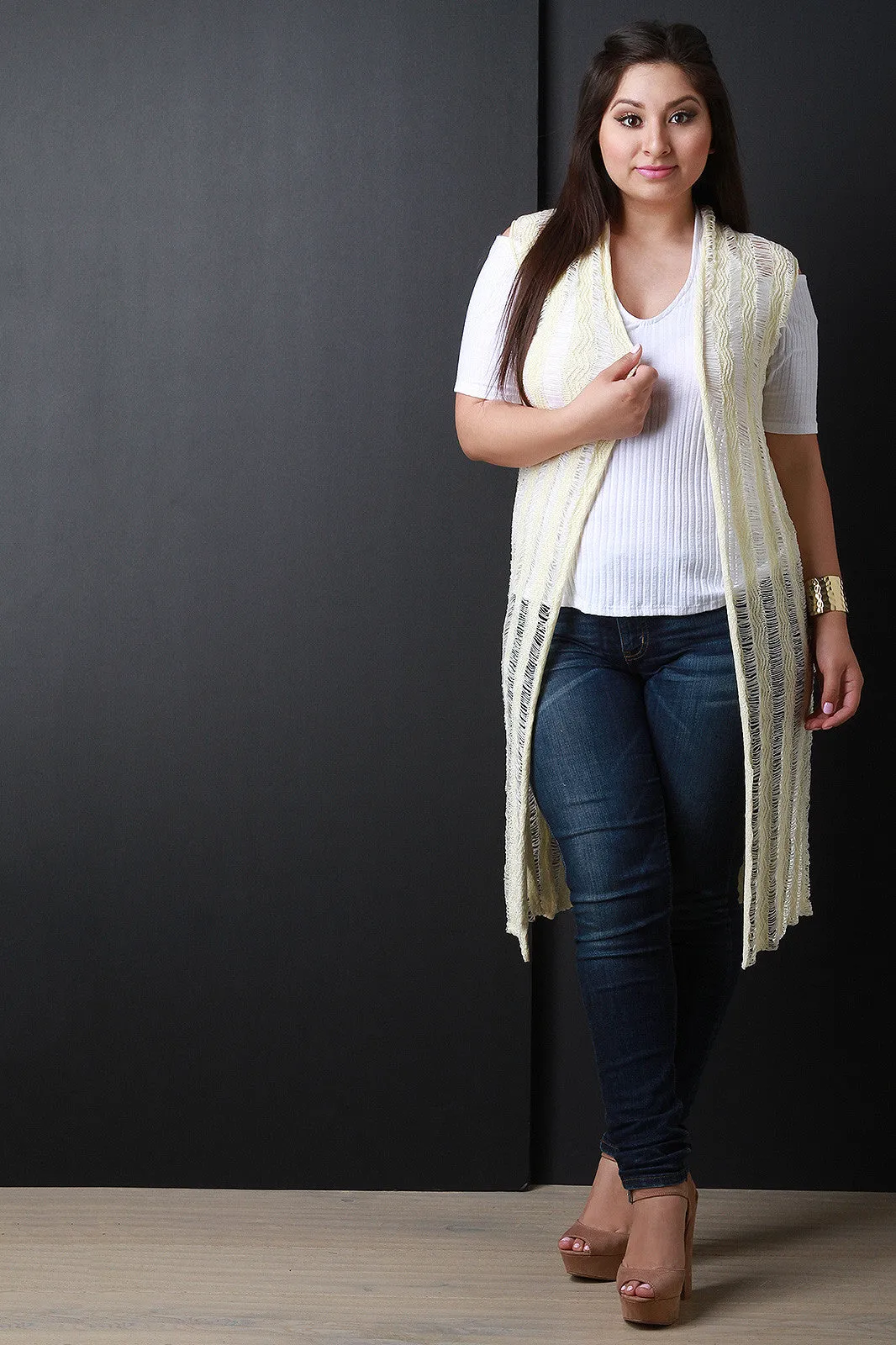 Woven Contrast Stripes Sleeveless Cardigan